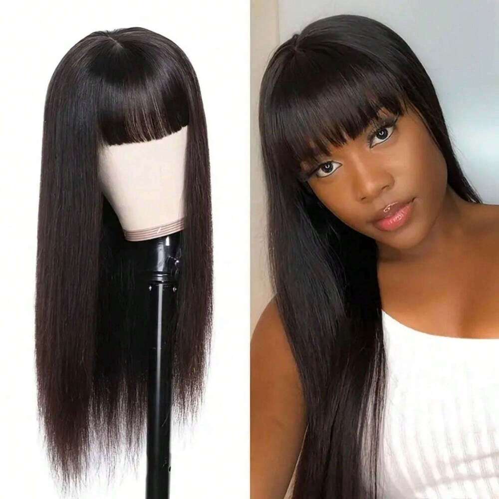 Women's Glueless Straight With Bangs Non-Lace Front, 250% Density Natural Black Hair, Machine-Made Remy Human Wig For Everyday & Special Events -