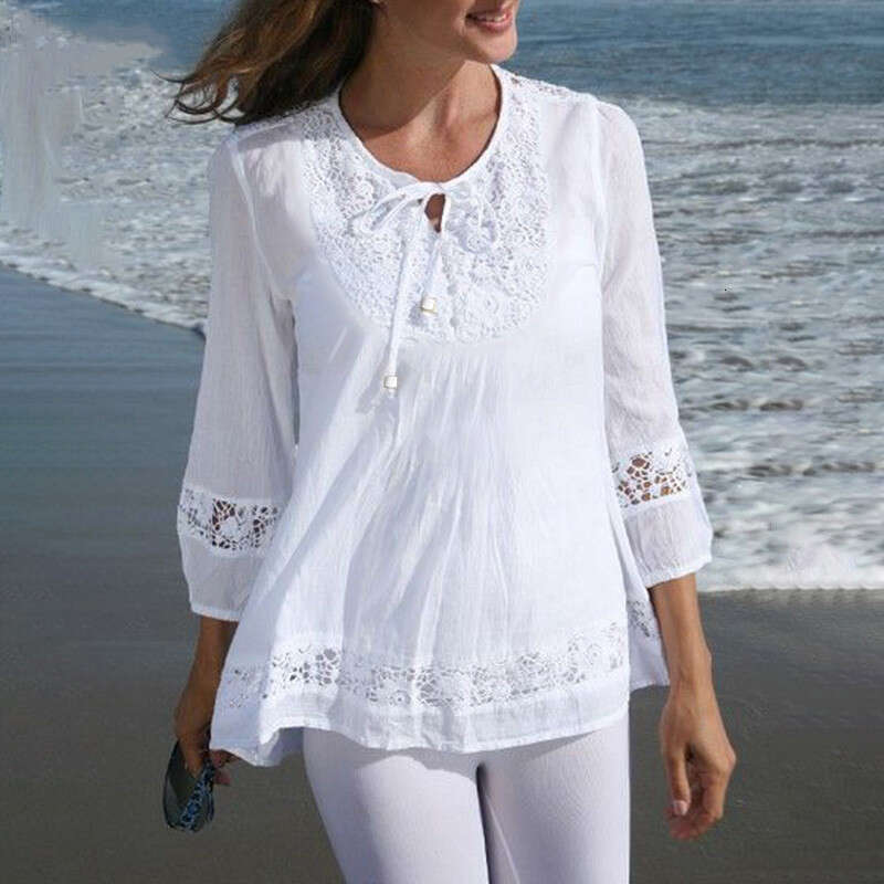 New 2022 Spring Autumn Amazon Cotton Linen Spliced Lace Elegant European and American Style 3/4 Sleeve Loose Fit Women's Top T-Shirt