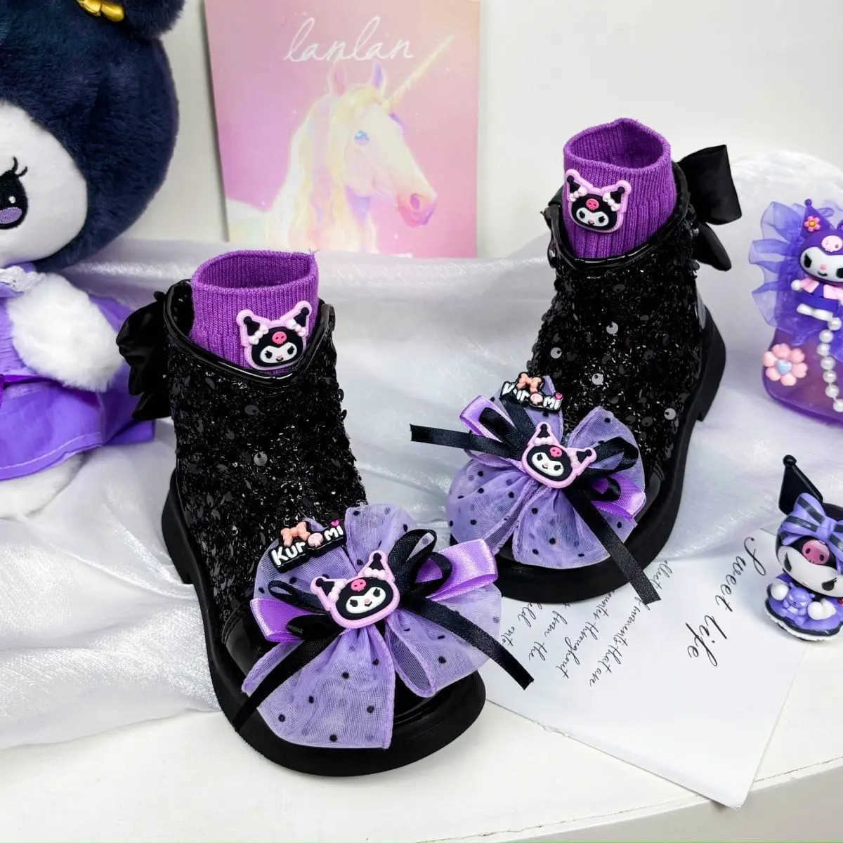 Sanrio Kuromi My Melody Childrens Short Boots Girl Princess Leather Shoes Sequin Baby Autumn Soft Sole Non Slip Casual Shoes H251110