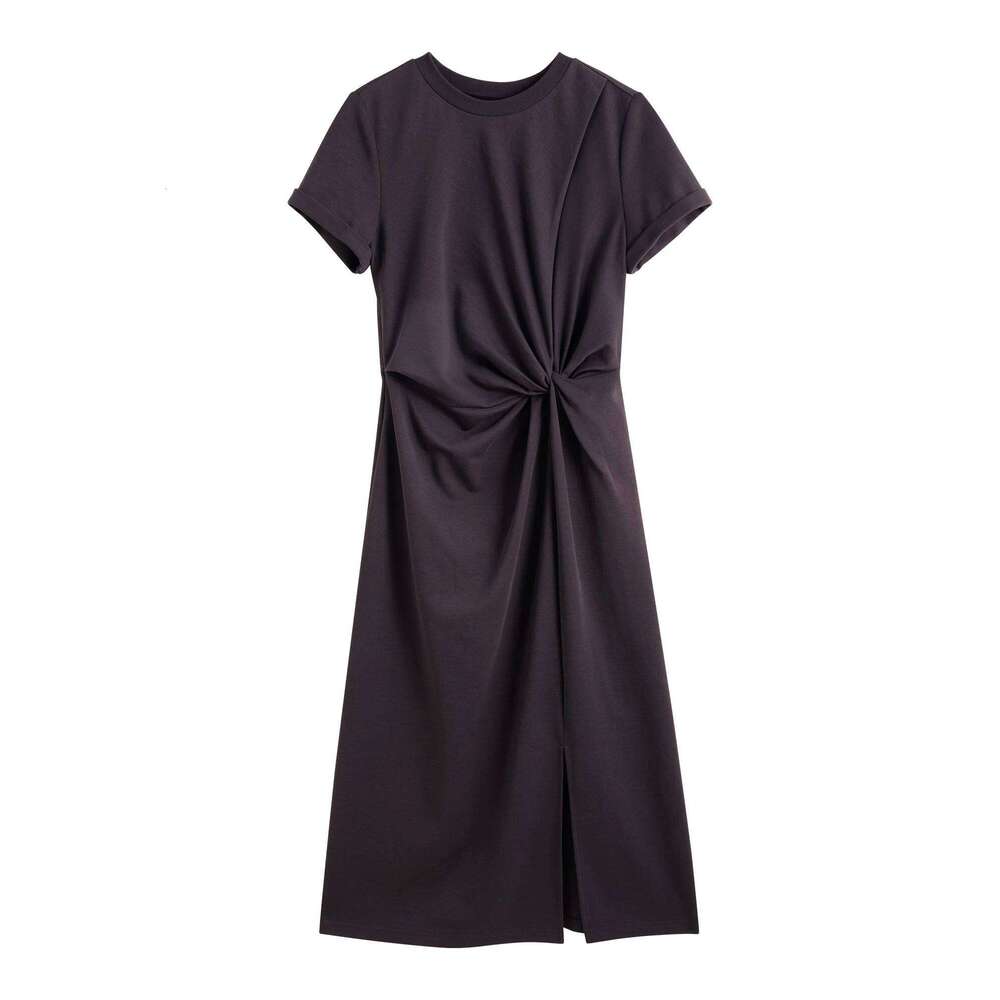 ZIQIAO Women Solid Long 2025 Summer New Casual Round Neck T-Shirt Dresses Grey Short Sleeve X-Line Dress 25Zq92026