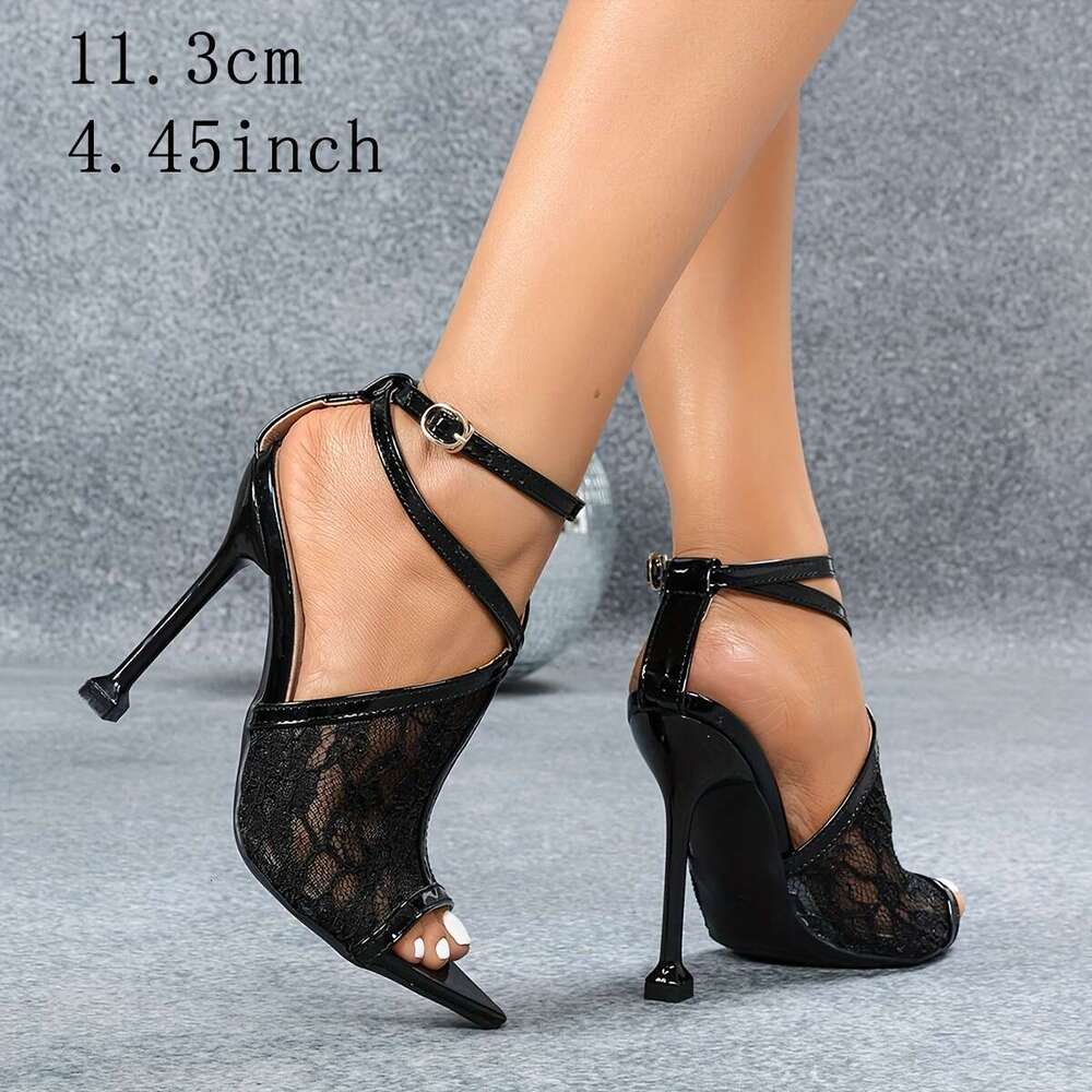 Elegant Black Lace Fish Mouth With - Women's High Heel Open Toe Dress Shoes, Breathable & Stylish For Summer, Sole, Summer Ankle Strap Sandals | 