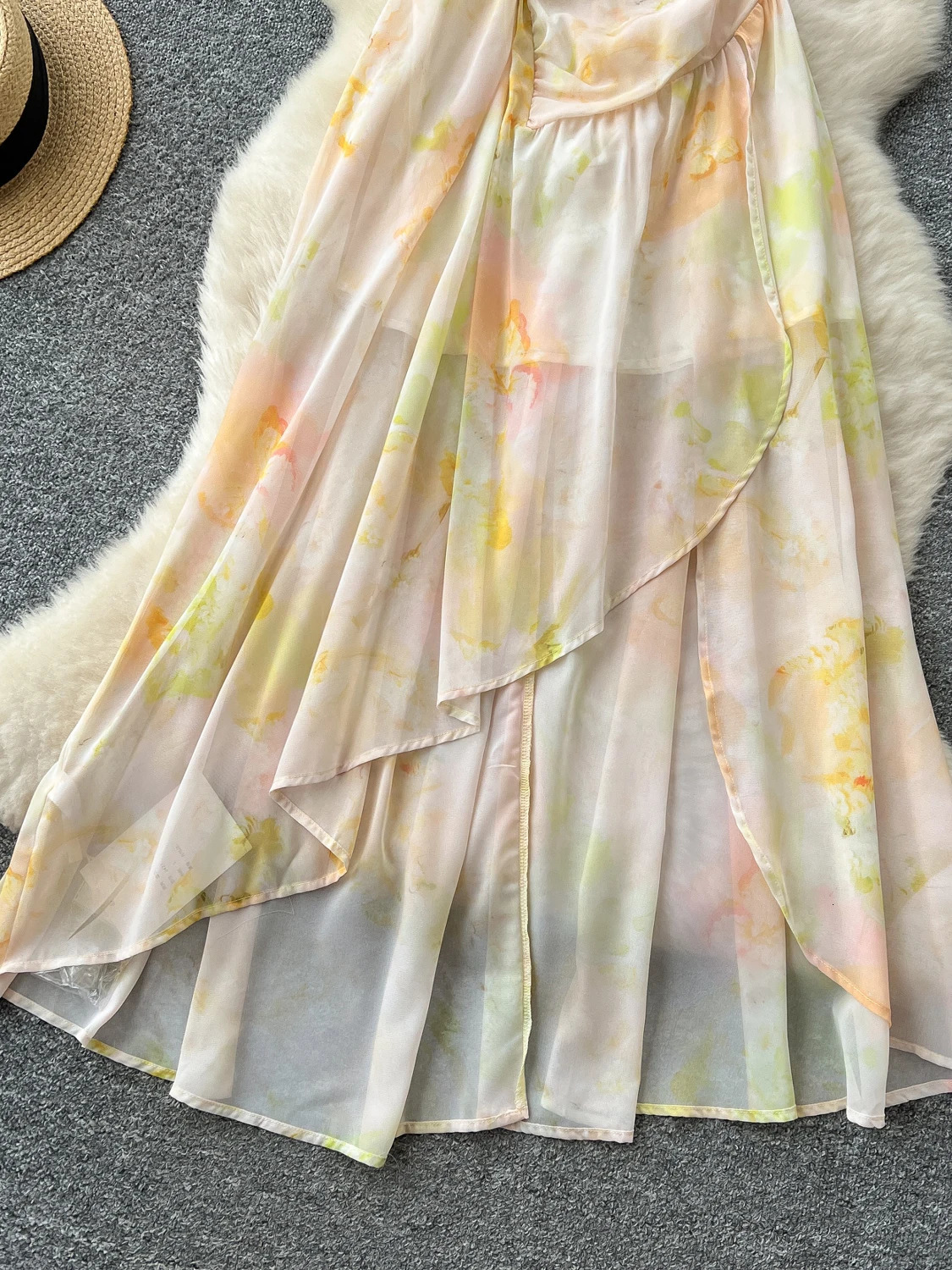 Holiday Yellow Beach Dress Women Summer Sequin Embroidery Mesh Stitching Irregular Printed Strapless Dresses Ladies Eleagnt Robe 250409