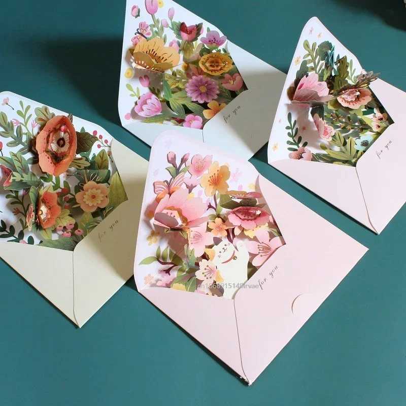 New Rantic Flower Birthday Christmas Card 3D Pop up Card Set Postcard Par Wedding Decoration Creative Gift Card Y250410