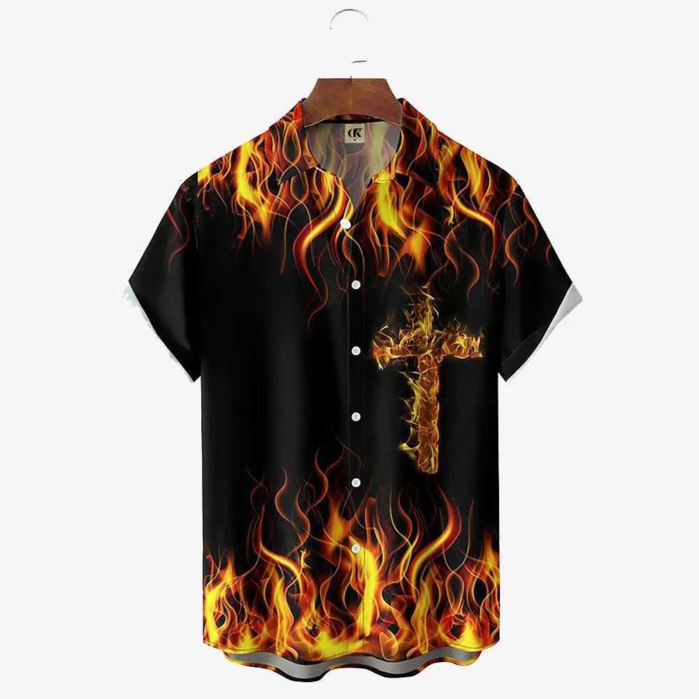 Mens flame printed shirt Hawaii casual short sleeved top fashion beach vacation lapel shirt mens summer oversized clothing X250410