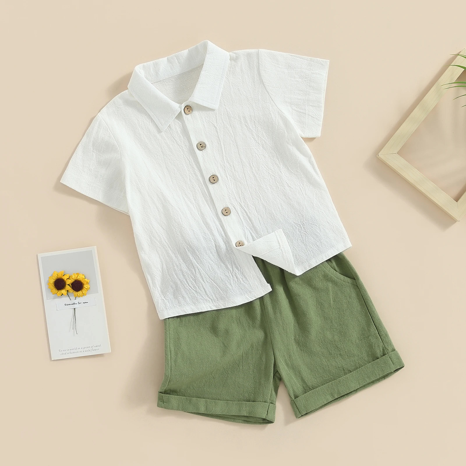 Pudcoco 2 pieces of summer cotton linen dress for toddlers babies boys short sleeved button up collar shirt set baby clothing 6M-4T 250409