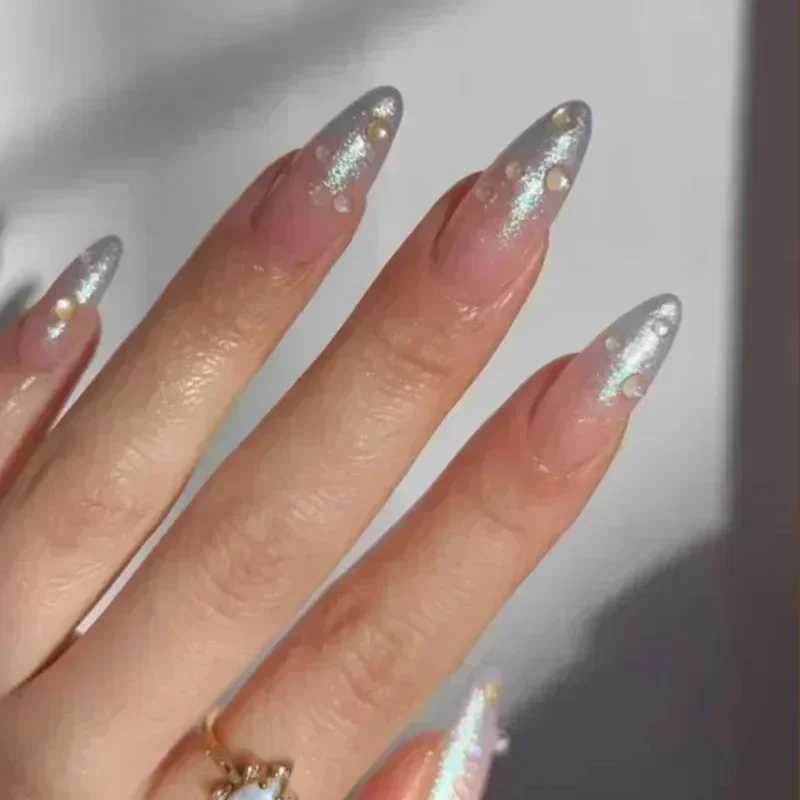 24Pcs silver gradient almond fake nails simple with French design wearable fake nails nail tip full cover press W250410