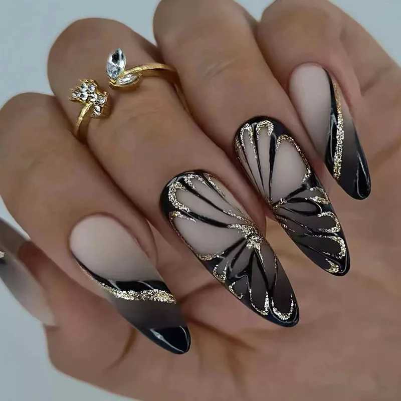 24 pieces/set of long thin high-heeled fake nails with punk snake patterns black and white matte fake nails artificial full nail tips handmade tools W