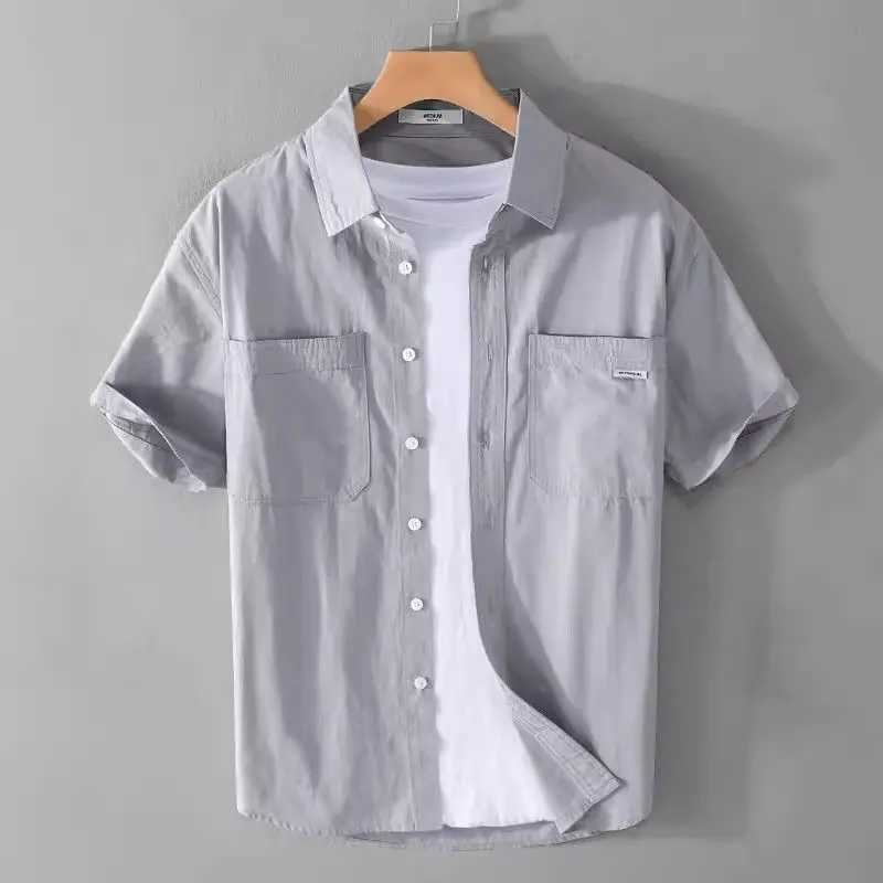 2025 Summer Thin Top Work Clothes Short Sleeve Shirt Trend Mens Loose Casual Youth Solid Color Fashion Trend X250410
