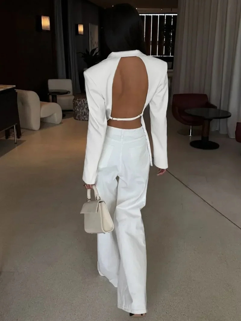 Elegant Womens Backless Black Suit 2025 Spring Chic Long Sleeve Covered Buttons Hollow Out Blazers White Tops Coat Outerwear 250408