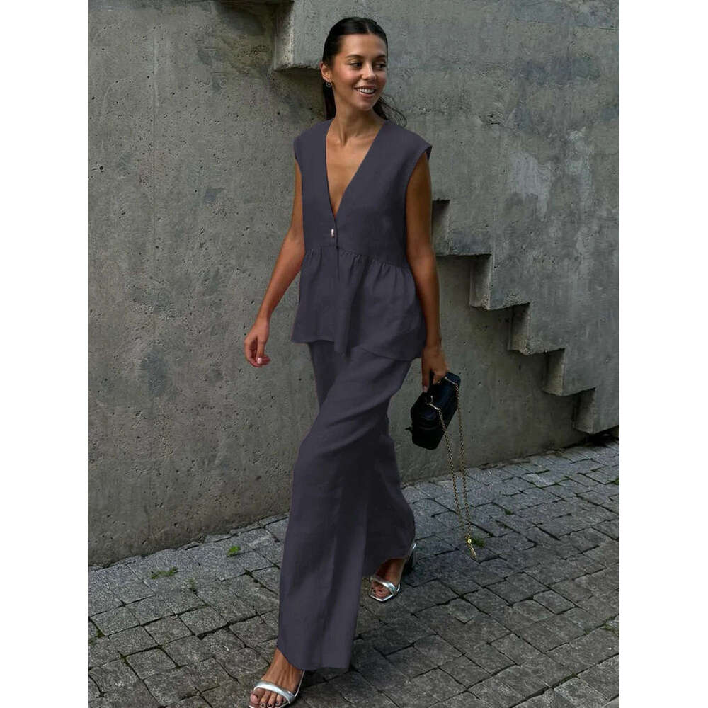 2025 Cross-Border V-Neck Sleeveless Top Vest Long Pants for Women European and American New Style Solid Color Elegant Commuter Two-Piece Set