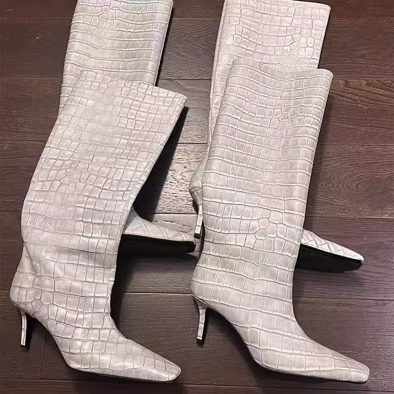 New square high-heeled white crocodile pattern high tube European and American knee high boots designer shoes fashionable snow boots
