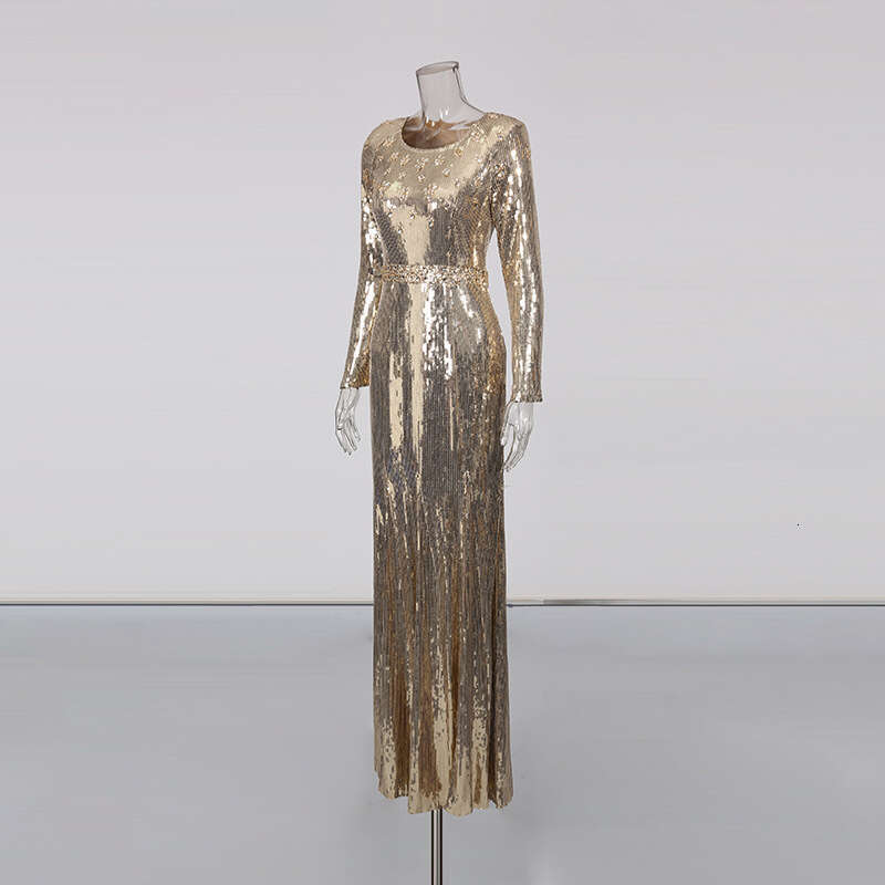Celebrity Style gold Sequin Patchwork Evening Gown Long 2025 Autumn Winter New Women's Waist-Cinching Night club maxi dress SEXY DRESSES FOR WOME