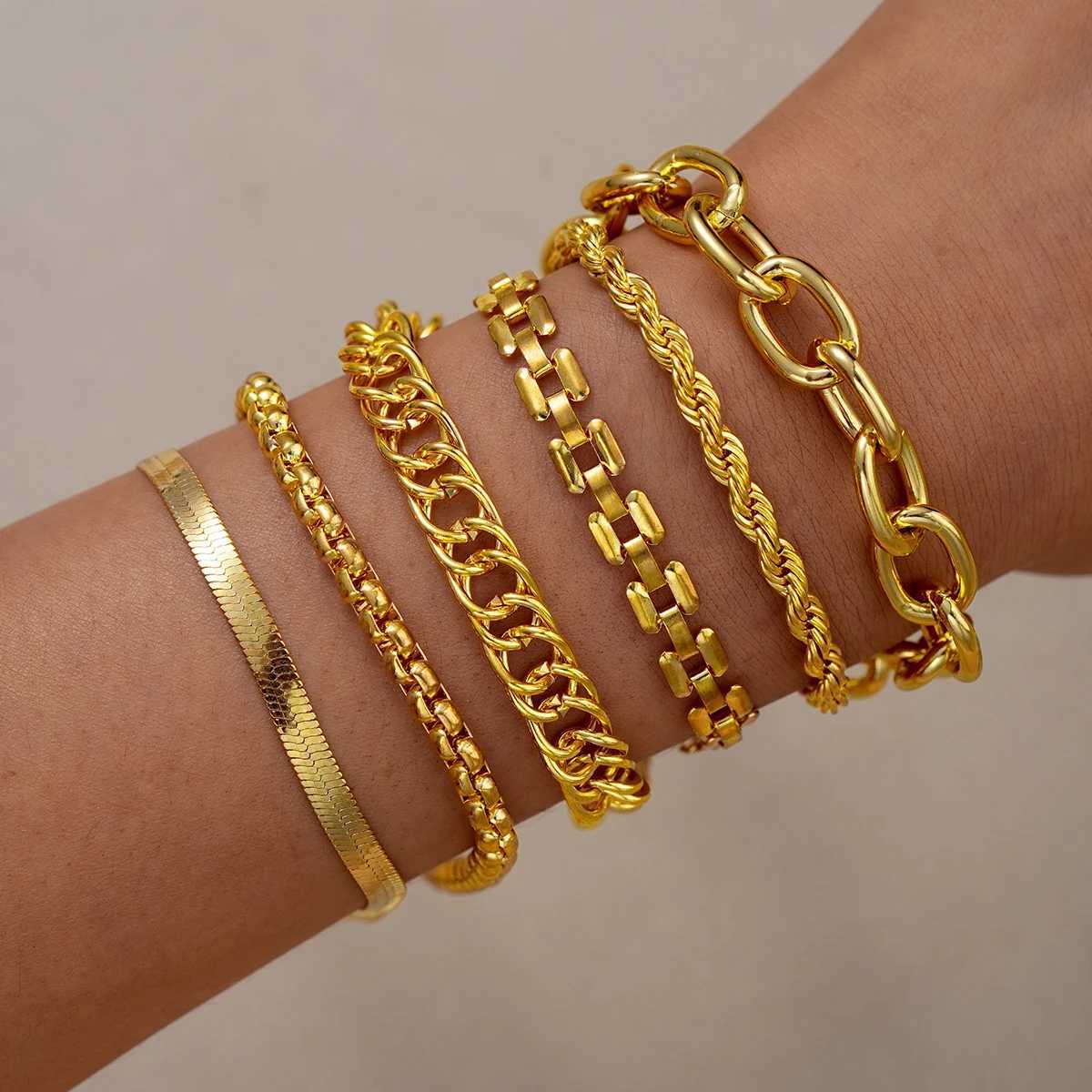 6Pcs/Set Chunky Twisted Cuban Chain Bracelets for Women Simple Gold Color Metal Waterproof Bracelets Sets Fashion Jewelry GiftsT251110