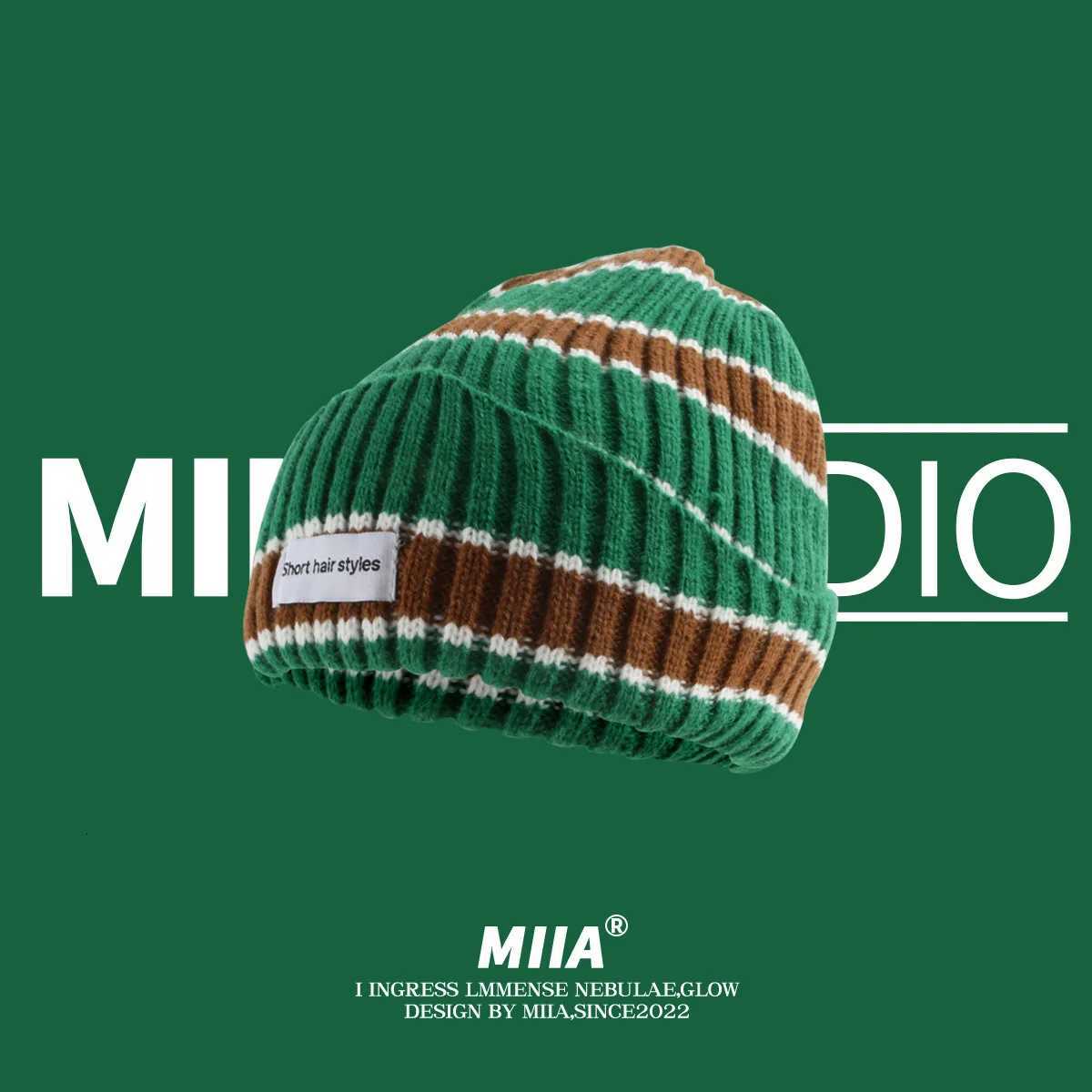 Striped Beanie Winter Hats For Women Knitted Retro Thickened Warm Baggy Cap Trendy Windproof Ear Protector Bonnet FemaleXJ251110