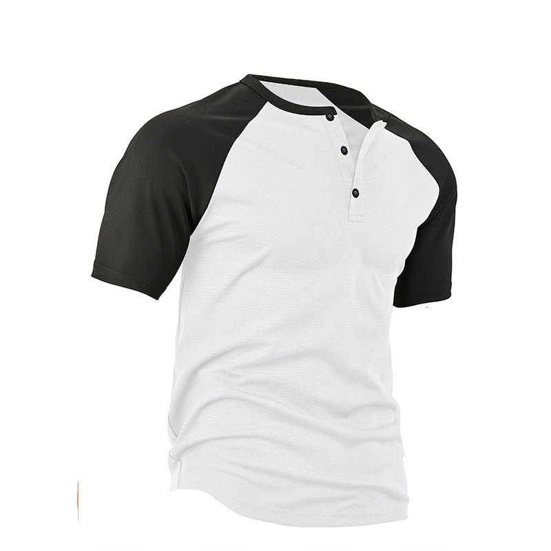 2025 color blocked trendy short sleeved Henry shirt summer new versatile round neck