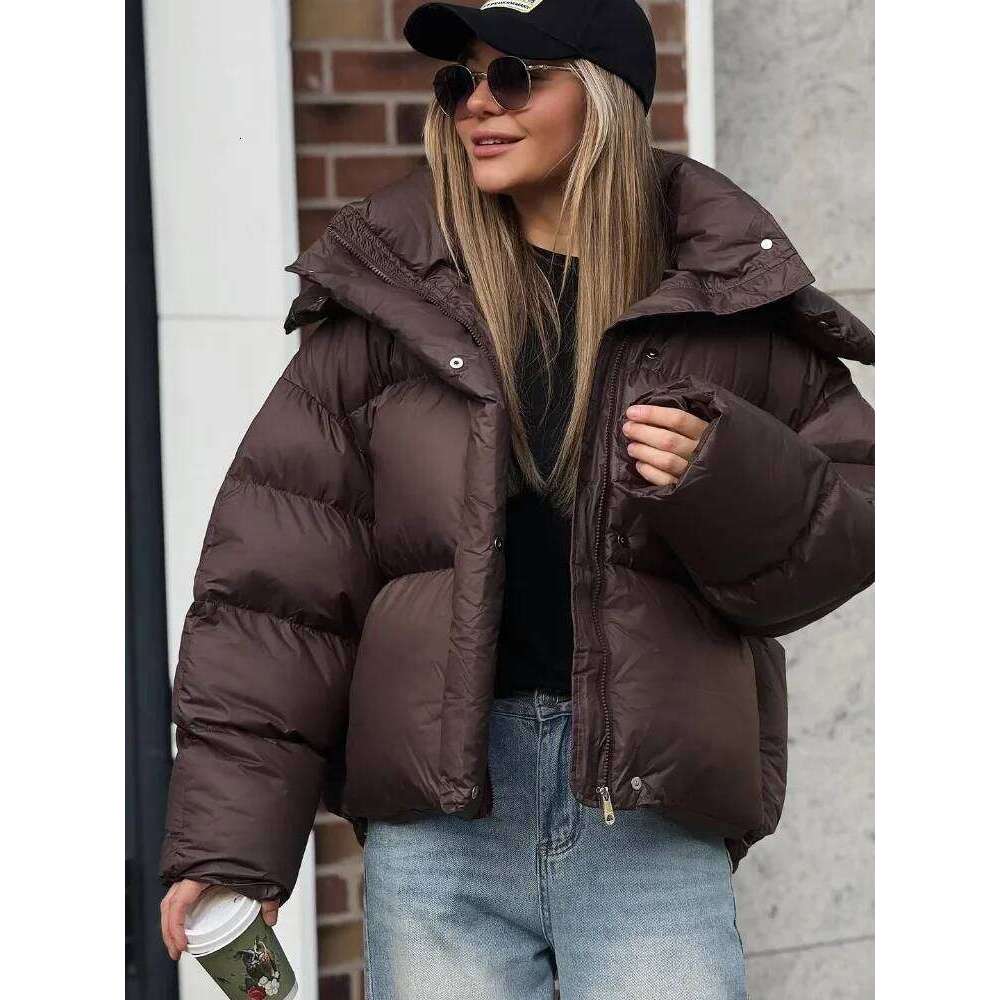 Women Brown Hooded Cotton Coat Fashion Lapel Full Sleeve Zipper Button Warm Loose Short Coats Lady Winter Casual Street Outwear
