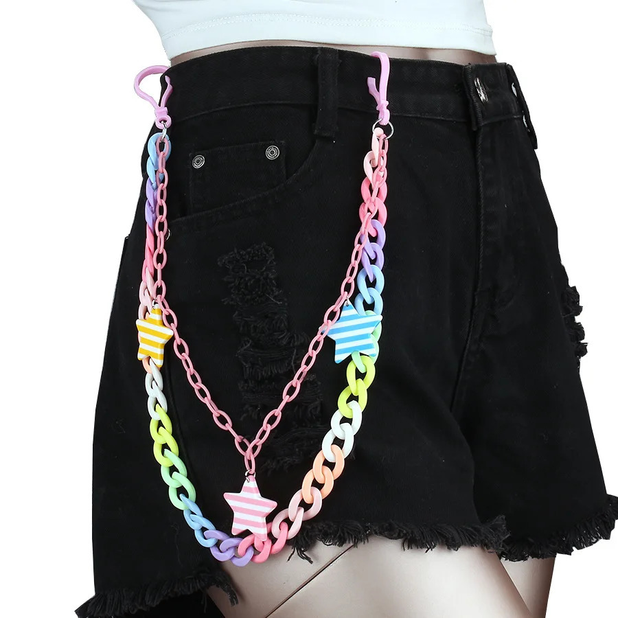 Double layer pink strawberry resin chain keychain womens hiphop waist pants Trouser Bohemian jewelry 250410