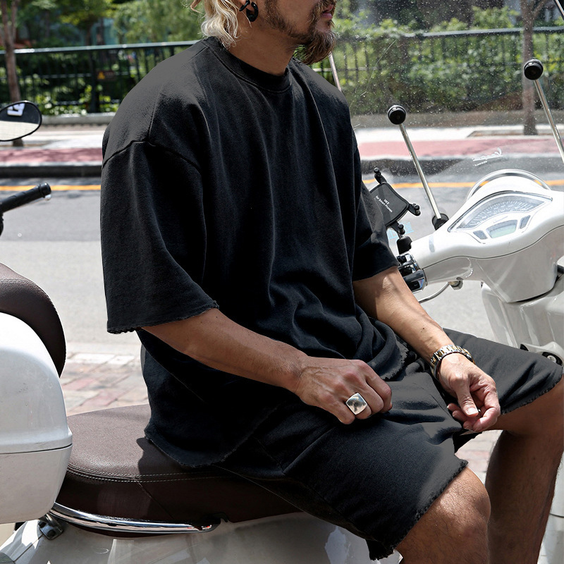 2025 summer sports vintage suit mens t-shirt casual loose short sleeved shorts set