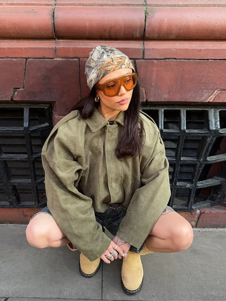 Women Fashion Green Suede Leather Short Jacket Oversized Zipper Long Sleeve Pockets Bomber Coat Lady Motorcycle Outwear 2025 250409