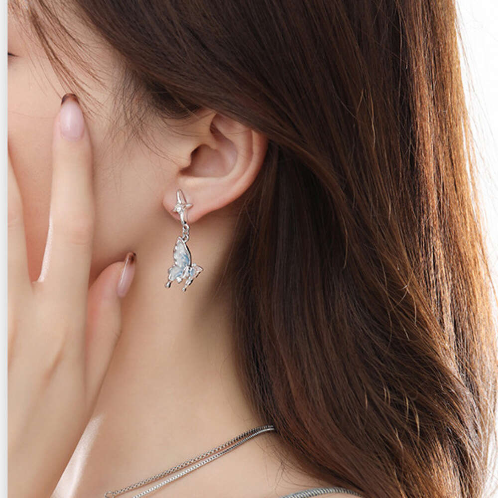 925 Silver Needle Blue and White Oil Drop Butterfly Icy Temperament High-end Zircon Exquisite Versatile Earrings for Women