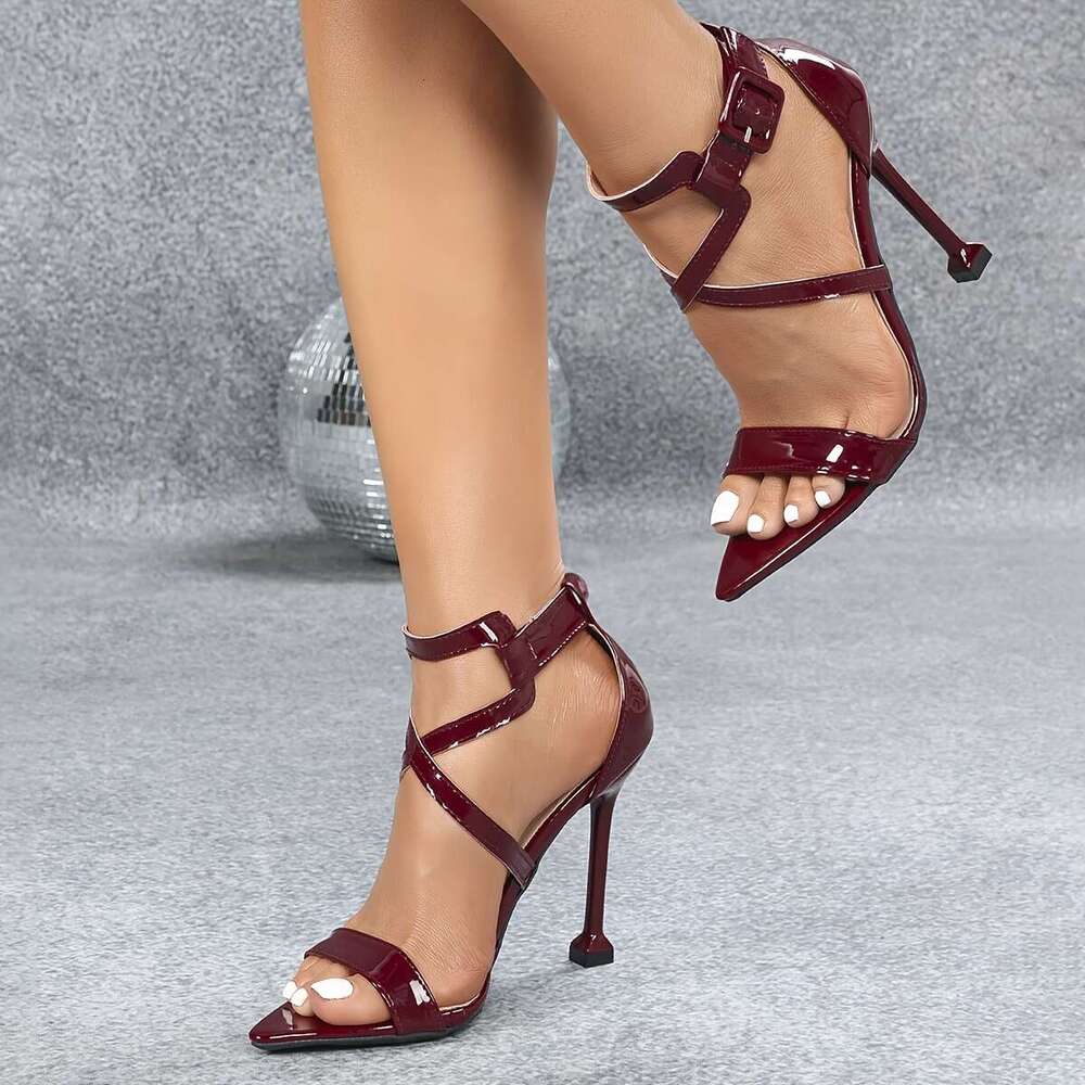 Ultra Sexy Cat Heel Wine Red Strappy Fabric Buckle Pointed Toe High-Heeled Sandals