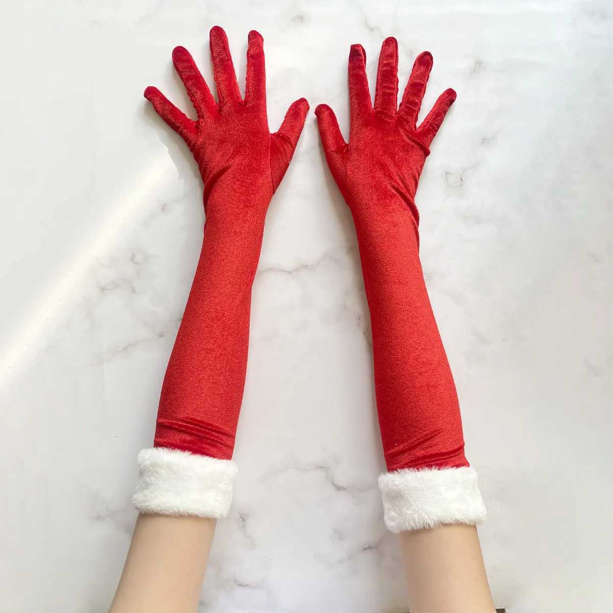 A Pair OfRed Long Velvet Gloves White Furry Cuff Elegant Party Gloves For Women Christmas Cosplay Evening Dress Accessories L251110