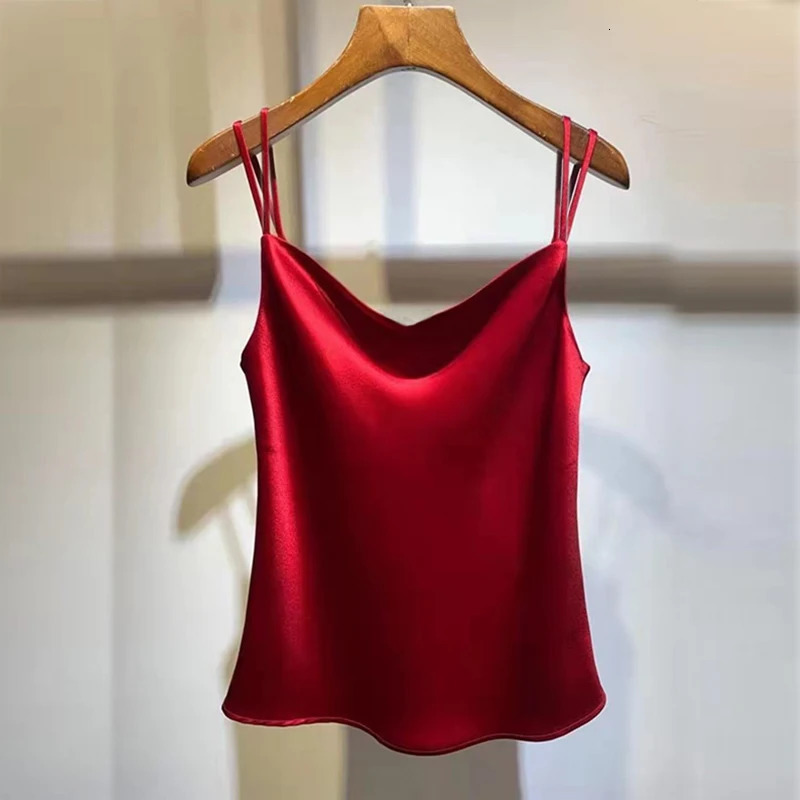 Womens silk vest casual V-neck sexy solid color satin womens chiffon sleeveless vest backless vest 250410