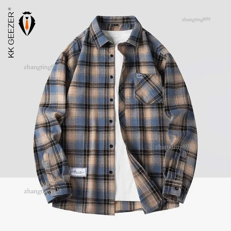Men Shirt Plaid Flannel Spring Autumn Long Sleeve Blue Loose Mens Casual Shirt Oversized Business Male Soft Dress Shirt 250314
