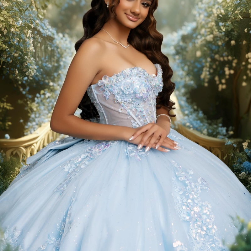 Sky Blue Shiny Quinceanera Dresses Ball Gown Off The Shoulder Applique Lace Beading Crystal Bow Corset Tull Party Birthday Sweet 16 Dress Vestidos 15 