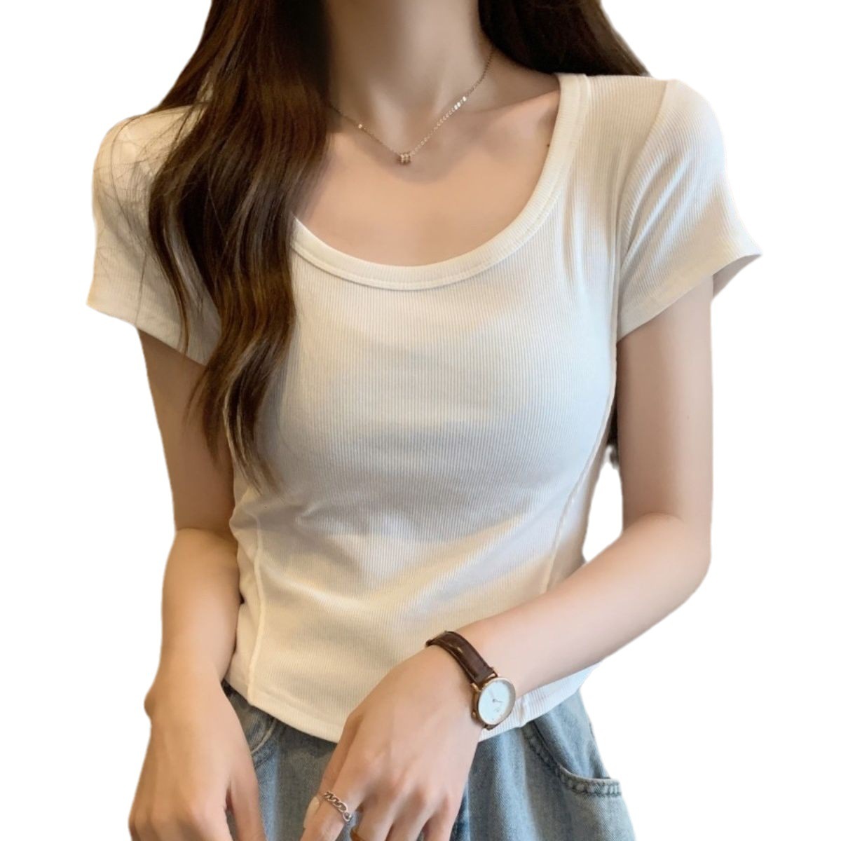 2025S Designer Women S T Shirt Irregular U Neck Short Sleeved T Shirt For Women In Summer Korean Version Slim Fit High Waisted Short Student Solid Col