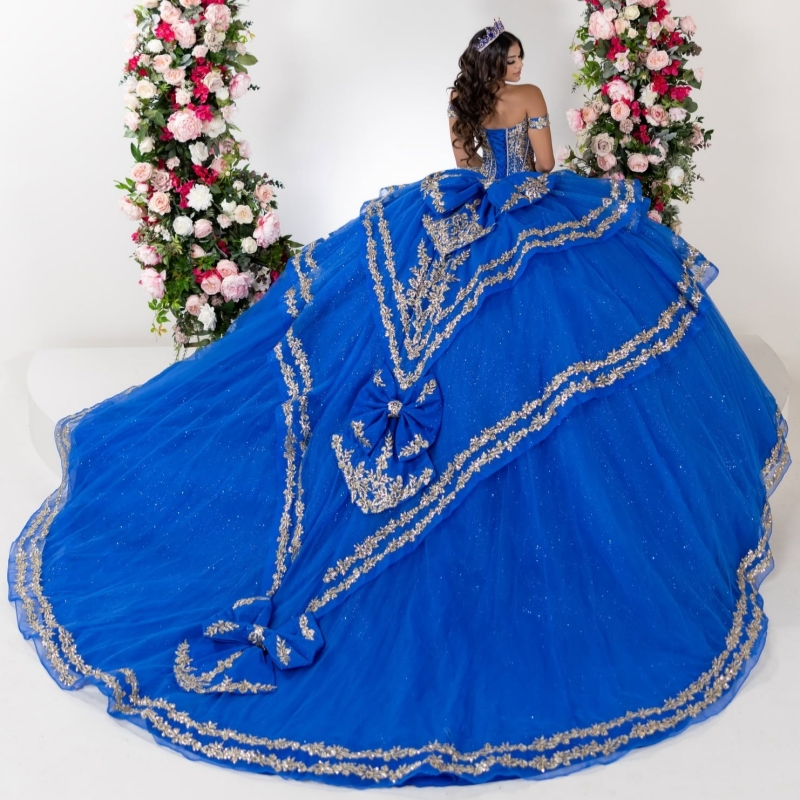 Royal Blue Shiny Quinceanera Dresses Off The Shoulder Applique Lace Beading Crystal Tull Party Birthday Sweet 16 Dress Vestidos 15 Anos