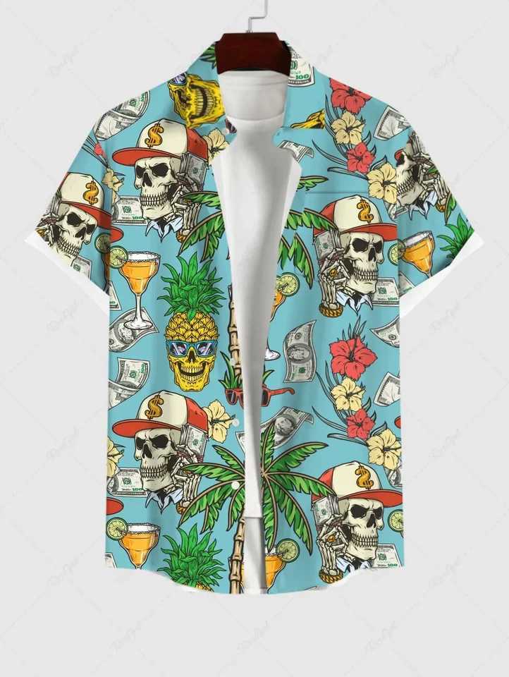 Large Hawaiian mens summer casual button up beach short sleeved shirt X250410