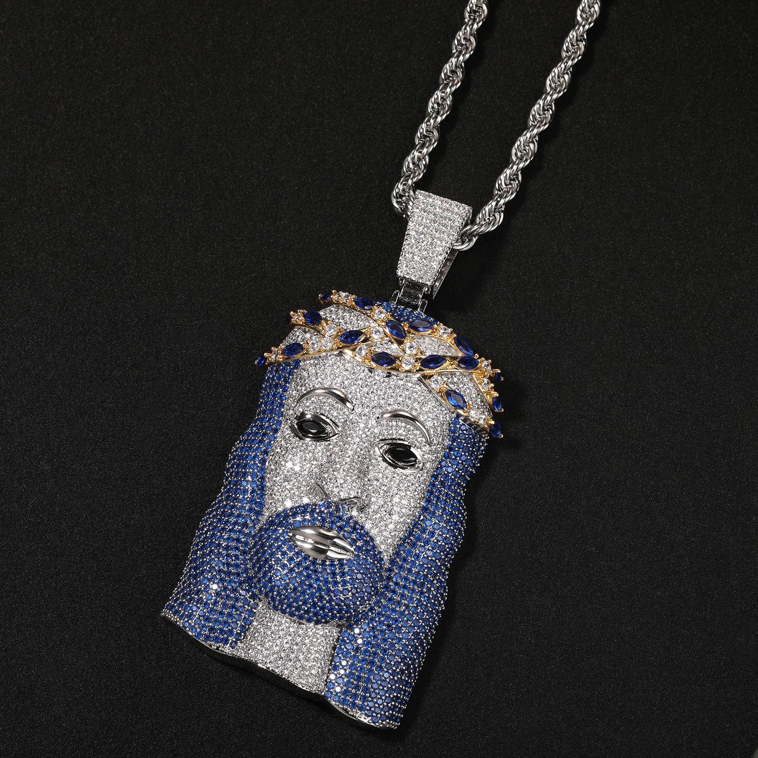 Hip Hop Jesus Face Pendant Necklace Blue 5A Zircons White Gold Plated Religion Jewelry