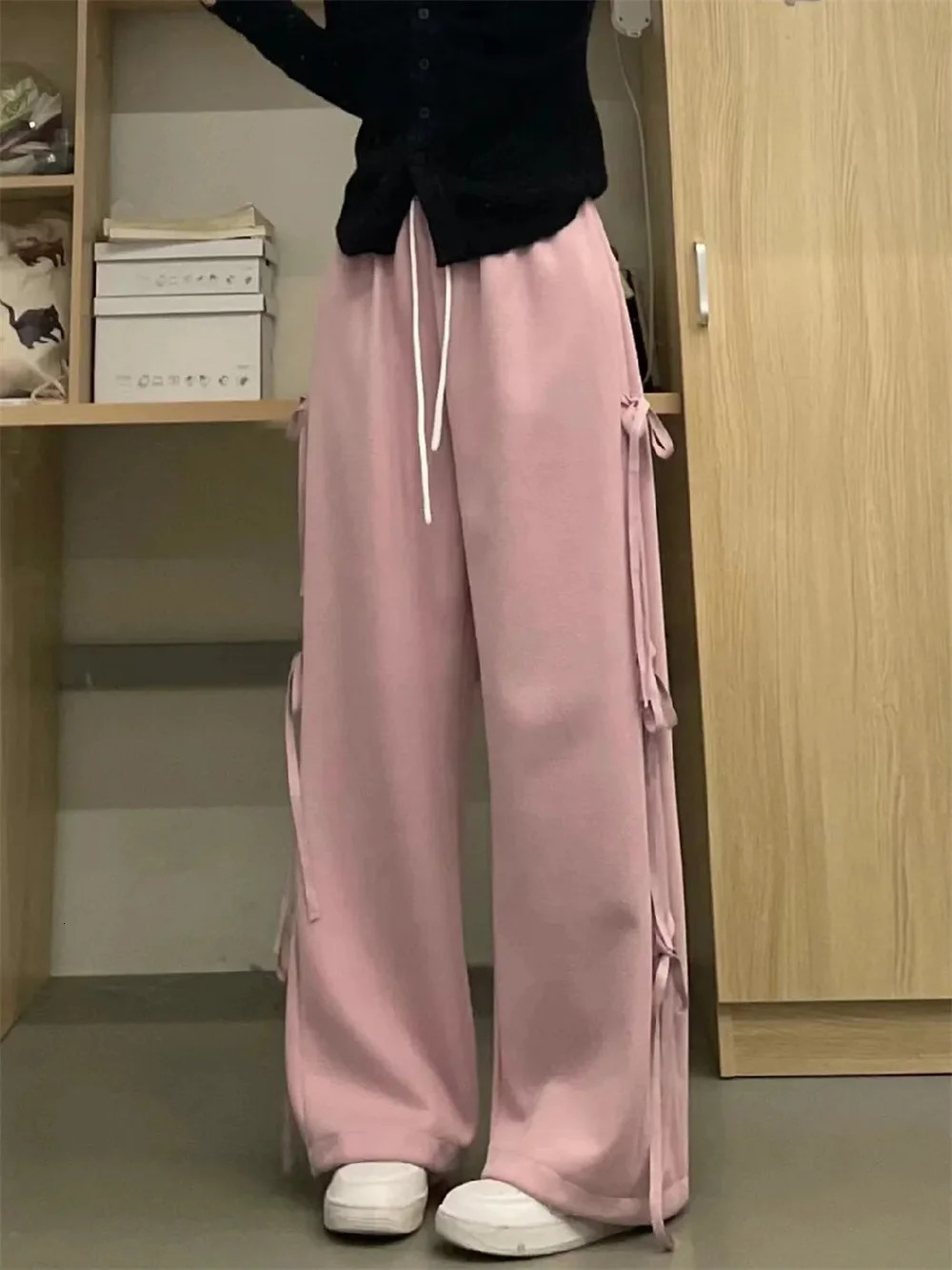 Grey Lace-up Pants Vintage Women Y2k Harajuku 90s Aesthetic Sweatpants Retro High Waist Wide Straight Trousers 2000s Emo Clothes 250409