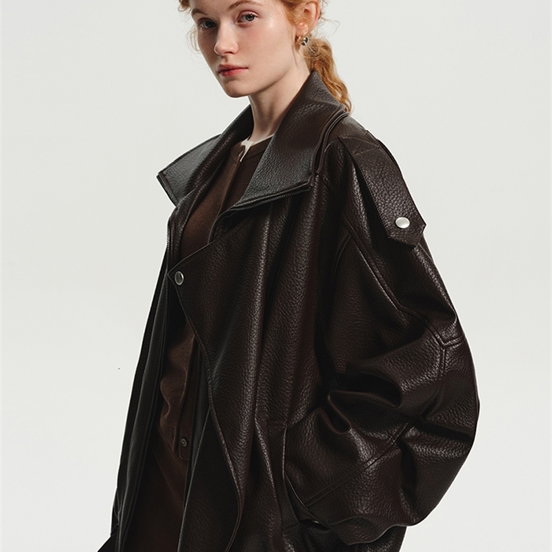 Lautaro Spring Autumn Cool Brown Oversized Pu Leather Jacket Women Long Sleeve Zip Up Luxury Designer American Retro Clothing 251105