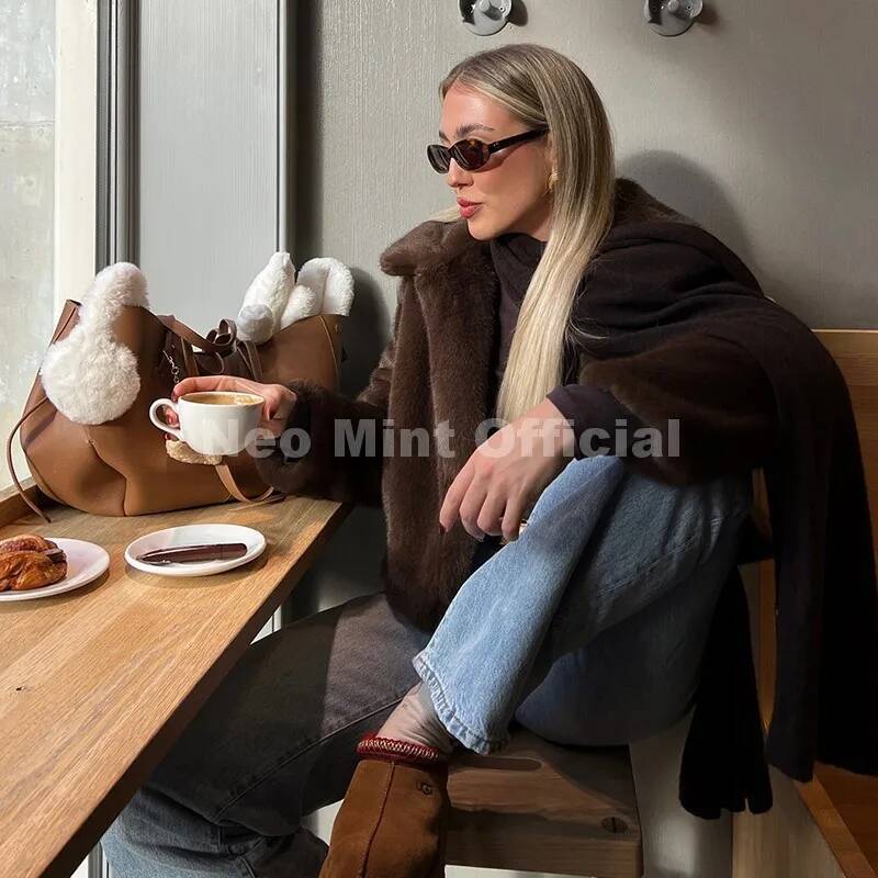 Neo Mint Cool Street Girls Fashion Brown Faux Jacket Women Luxury Fake Mink Fur Coat 2025 Autumn Winter Warm Short Overcoat
