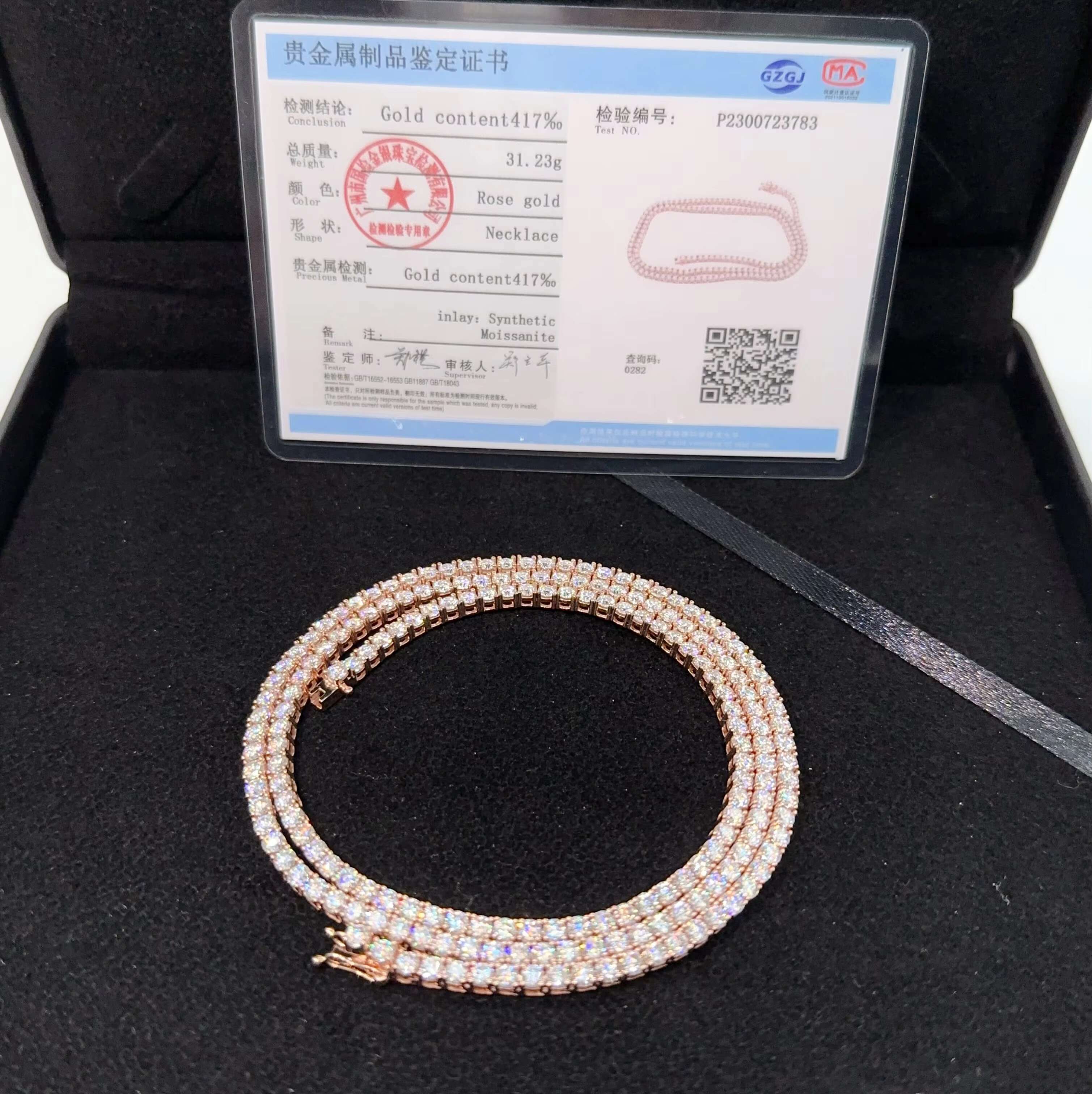Hip Pop Jewelry 3mm 10k 14k Real Solid Rose Gold Vvs Moissanite Jewelry Chain Tennis Chain