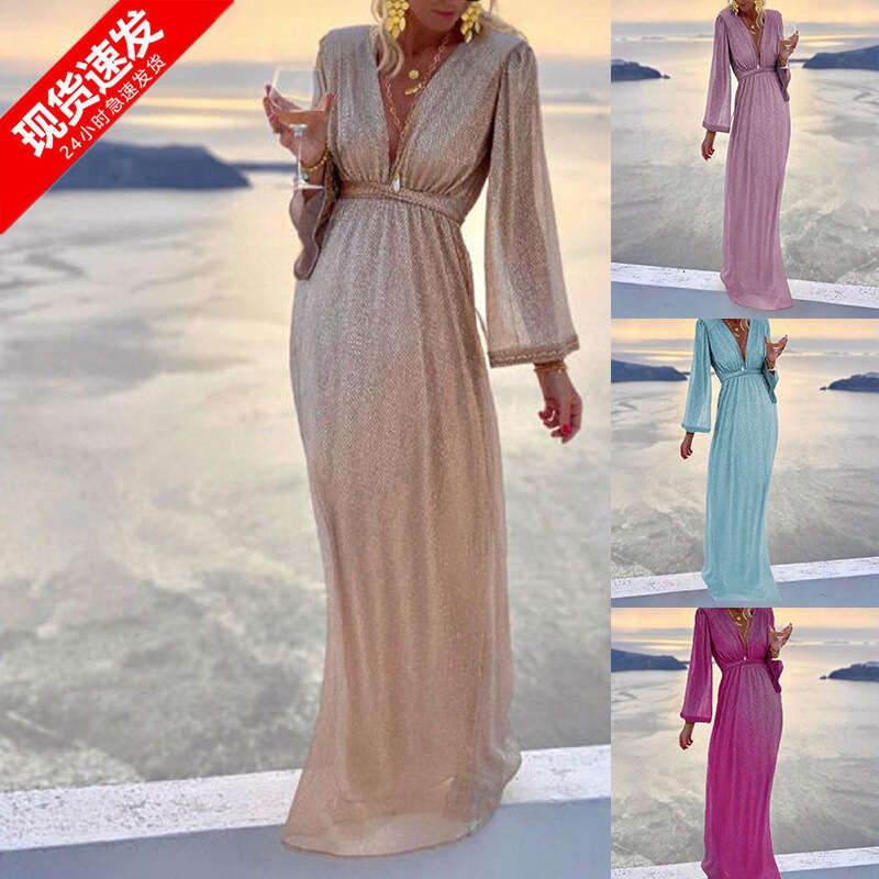 Women's Fashion In-Stock Fashionable Apricot V-Neck Long Sleeve Sequin Night club maxi dress DRESSES FOR WOMEN