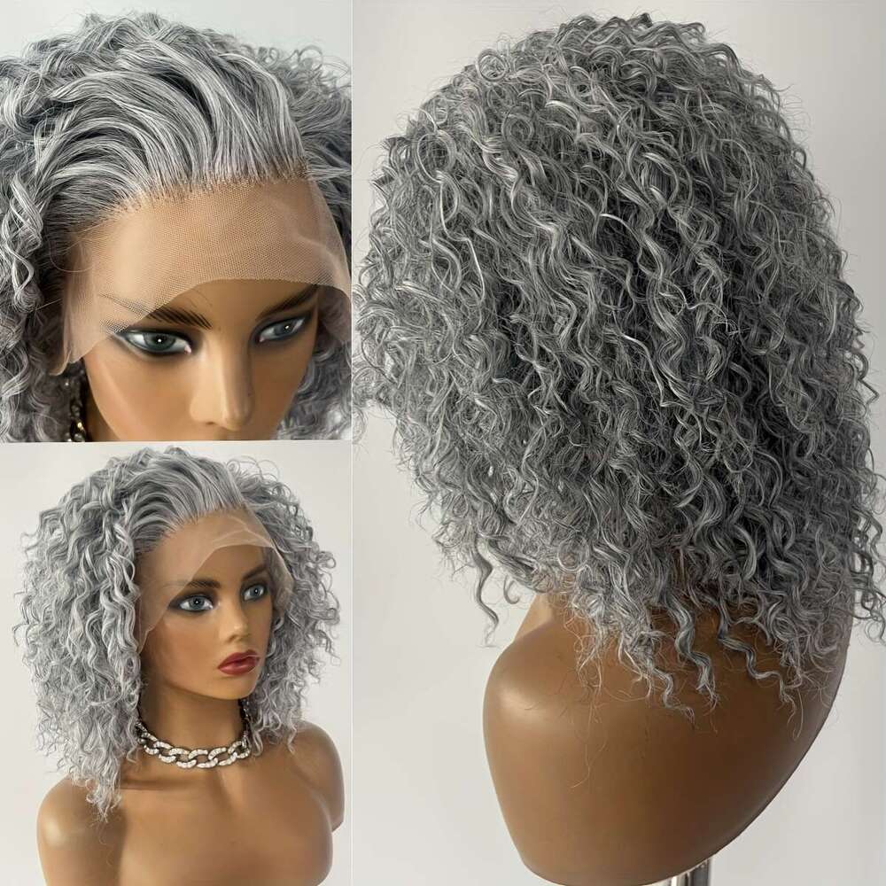 Gray Kinky Curly Synthetic Front Pre-Plucked, 13X3 Lace Area, High-Temperature Fiber, Heat Resistant, Glueless Full Set Women - Ideal Mother's Da