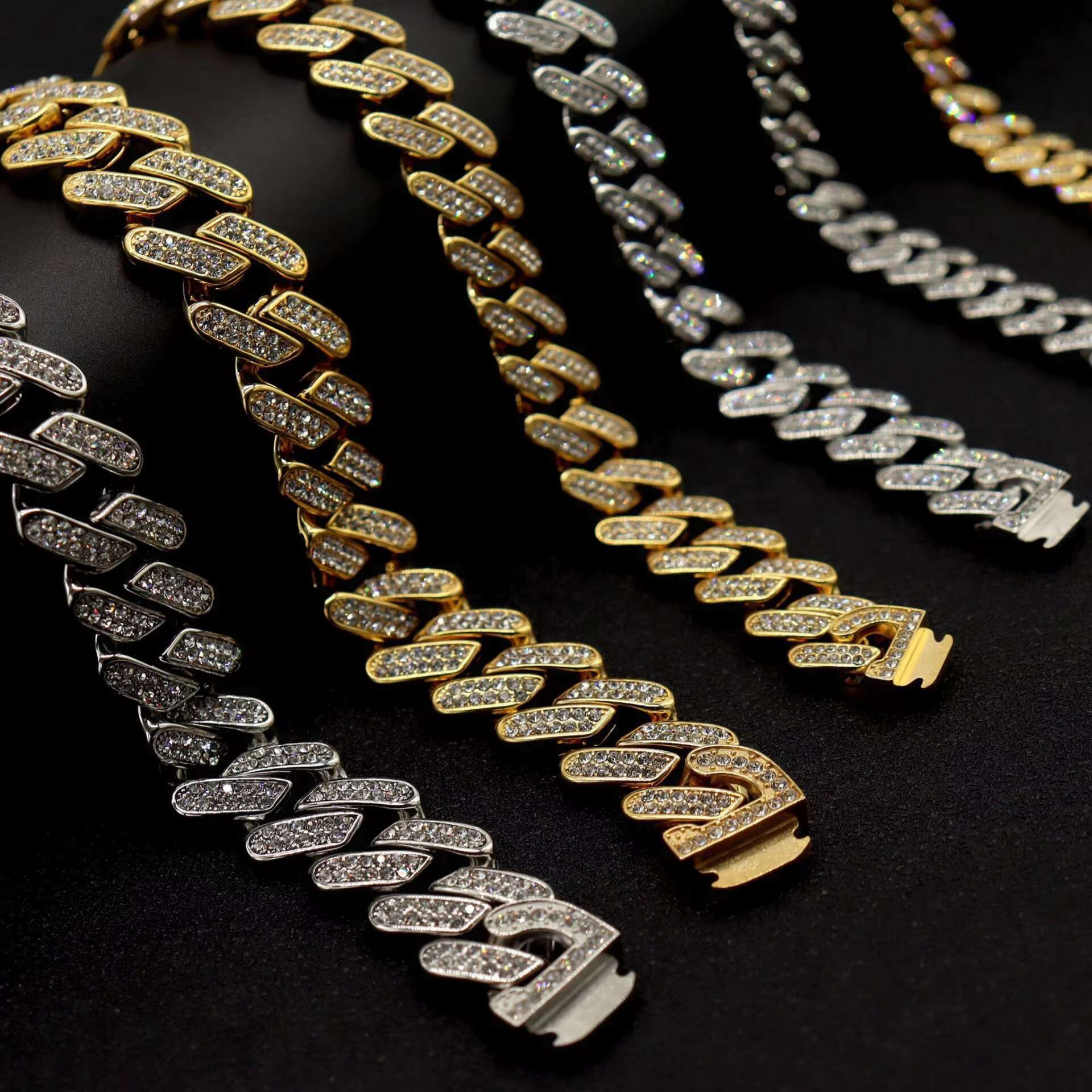 HipHop Heavy Ice Men's Miami Stainless Steel Full Cube Zircon Sier Cuban Chain Jewelry Set