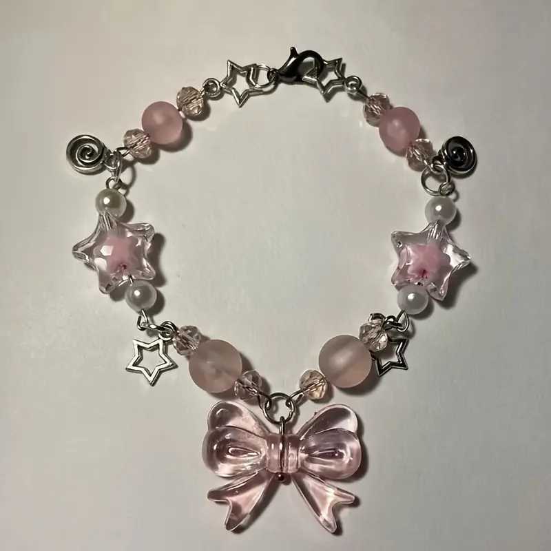 Charming Pink Star Bow Beaded Bracelet Cute Zinc Alloy Friendship Jewelry for GirlsT251110