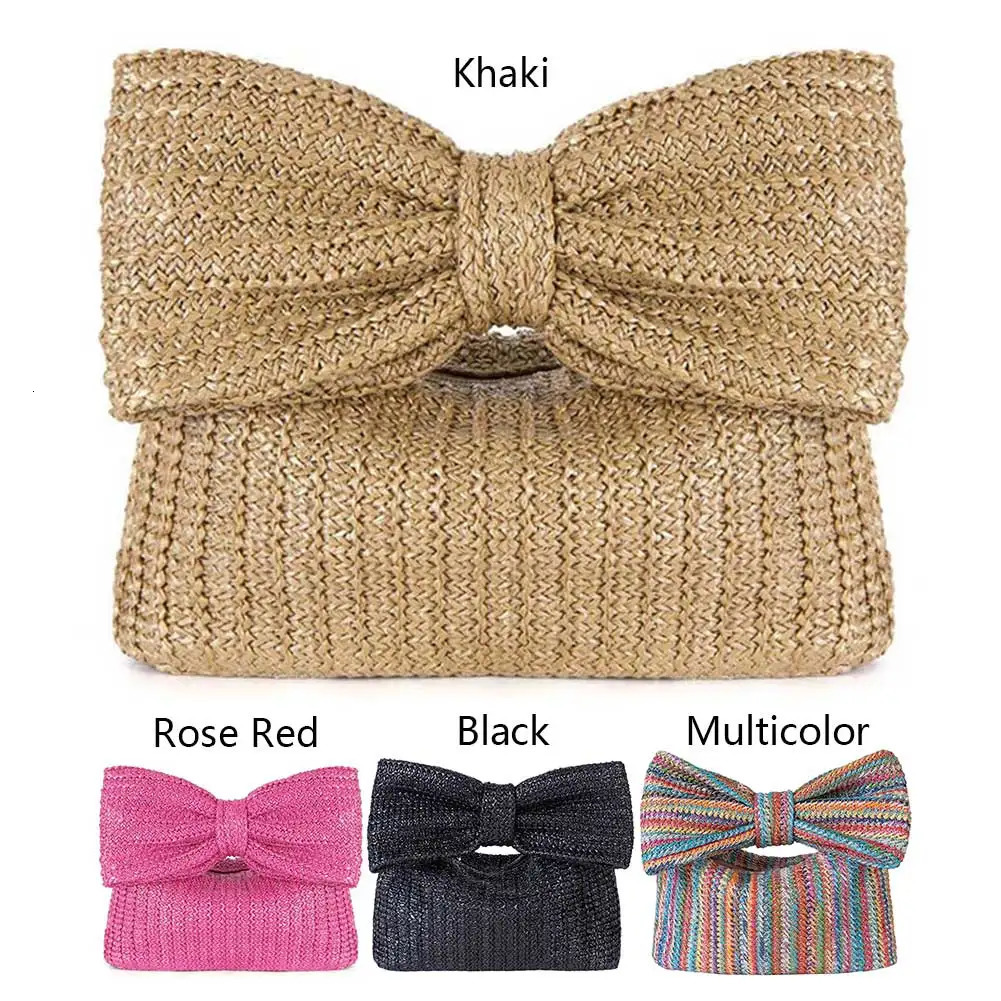 Women Straw Evening Bag Zipper Closure with Bow Simple Clutch Purse Versatile Female Party Wedding Bag 251107