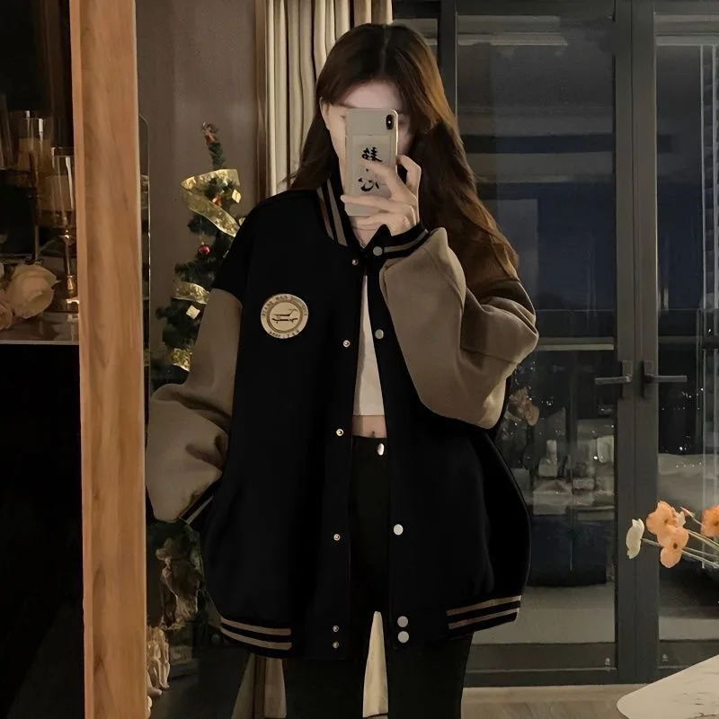 Lazy Style Baseball Jacket for Women in Autumn and Winter Plush Thickened Fashion Retro Loose Fitting 251110