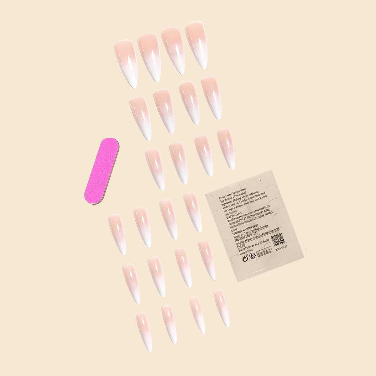 Fashion trend 24 pieces/set womens long slim high heels French white gradient full coverage wearable fake nail press W250410