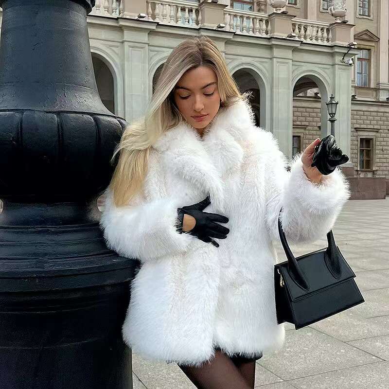 Solid New Sleeve Faux Collar Long Suit Color Warm Plus Size Women's Fur Coat MidLength