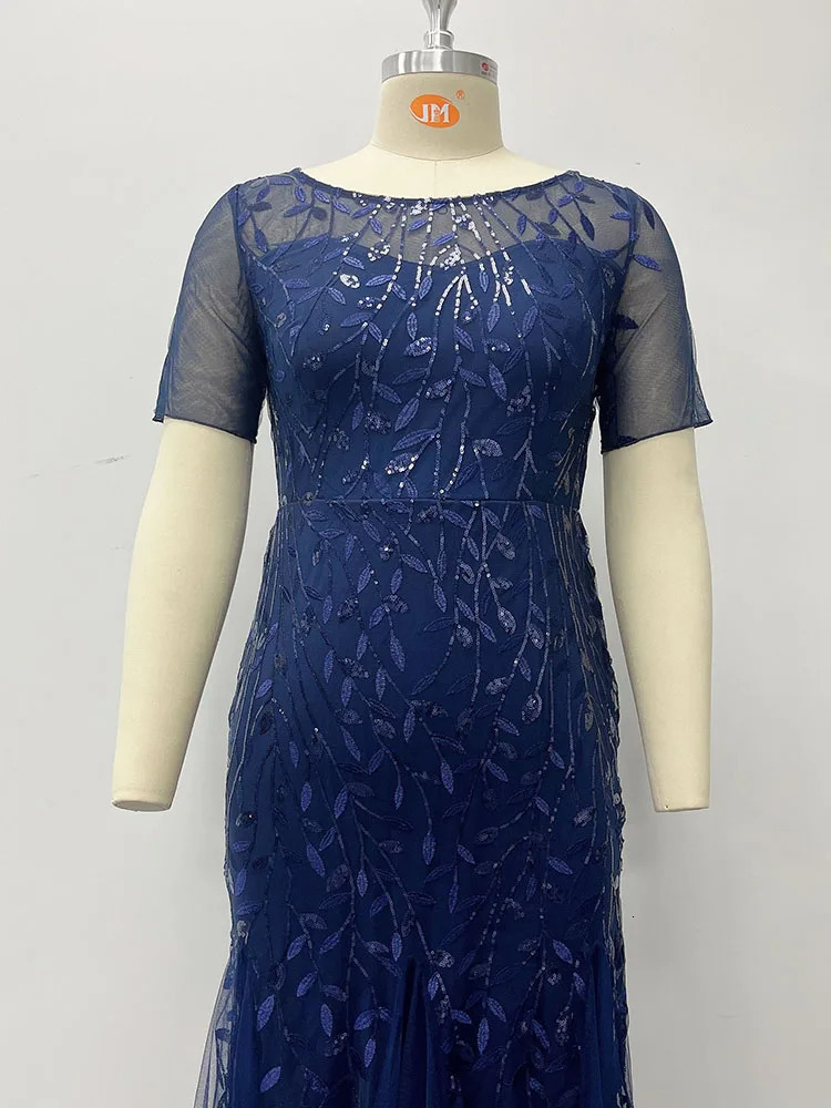 plus size sequin net mermaid ultra-thin evening dress with bead leaf pattern for formal womens elegant party dance dress short sleeved 250403