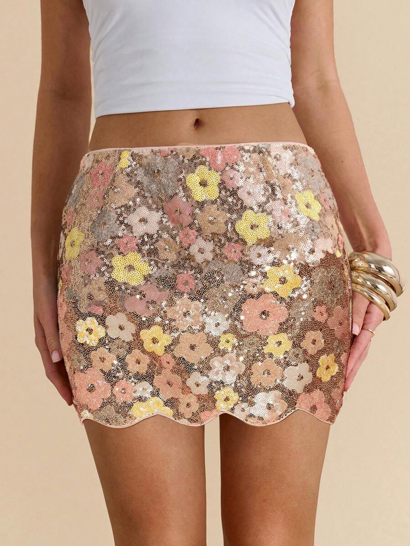 Women's Floral Sequin Mini Skirt, Scalloped Hem Short Skirt for Fashion Daily Commute---D318