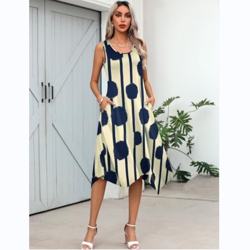 L47Mid-Length Casual Swing Dress for Women - Trendy Print Design from Europe & America