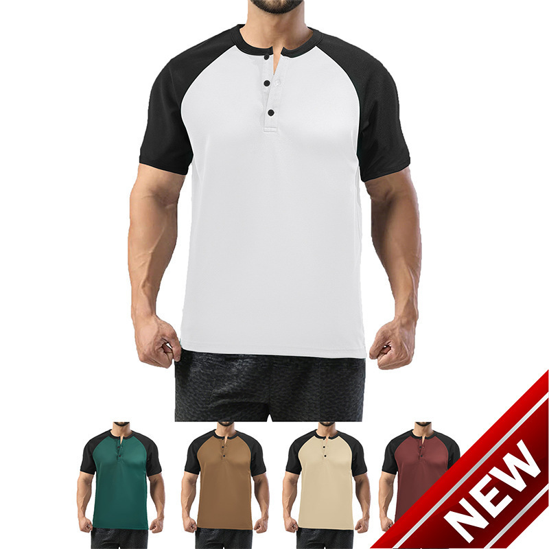 2025 color blocked trendy short sleeved Henry shirt summer new versatile round neck