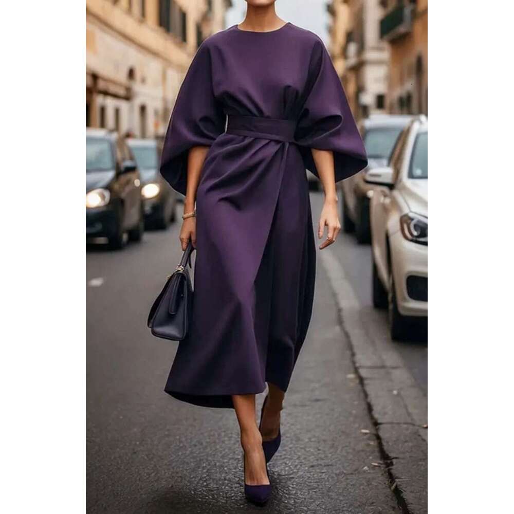 2025 Foreign Trade Women's European and American Cross-Border Fashion Elegant Solid Color Waist-Cinching Casual Batwing Sleeve Long Dress